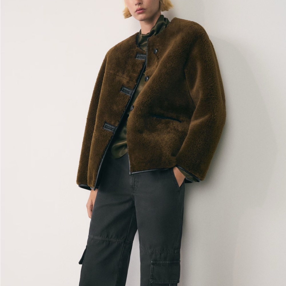 Mango Dark Olive Teddy Jacket with Faux Leather Lining